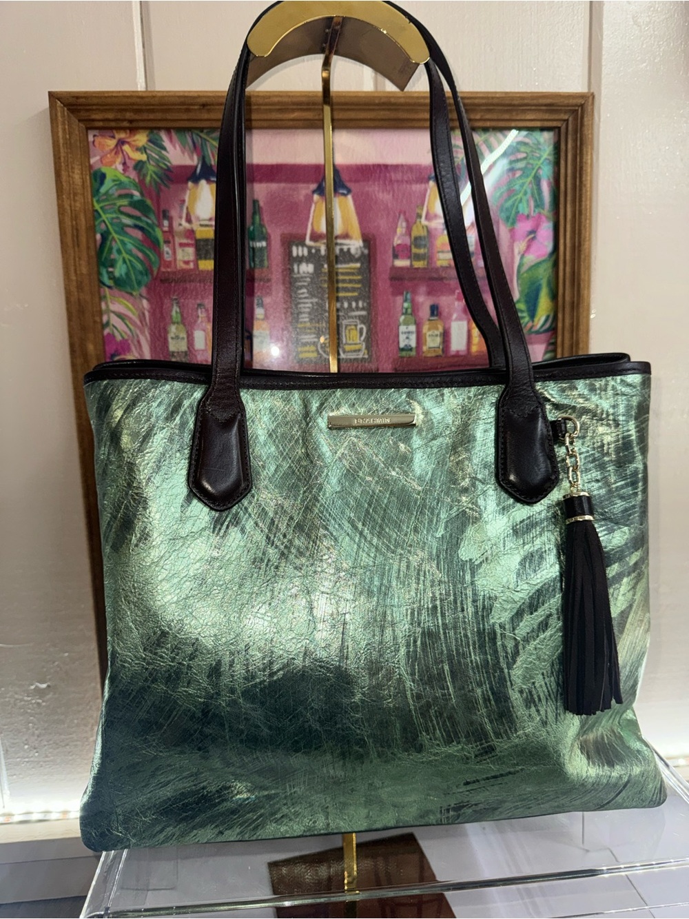 Like NEW Brahmin RARE Metallic Green Shoulder or Tote Bag with Tassel - STUNNING